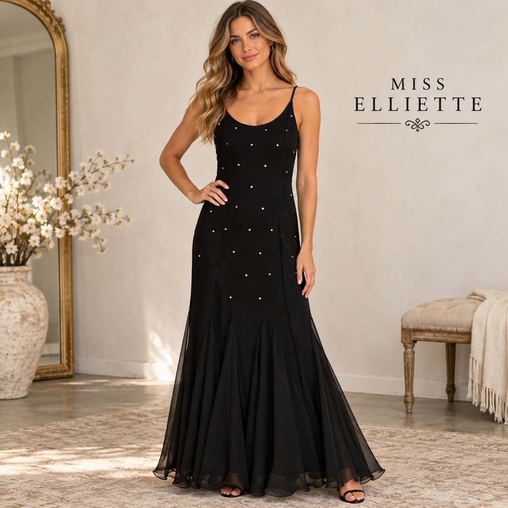 Miss Elliette Vintage Black Lace Rhinestone Godet Gown Dress 6048 Womens 10